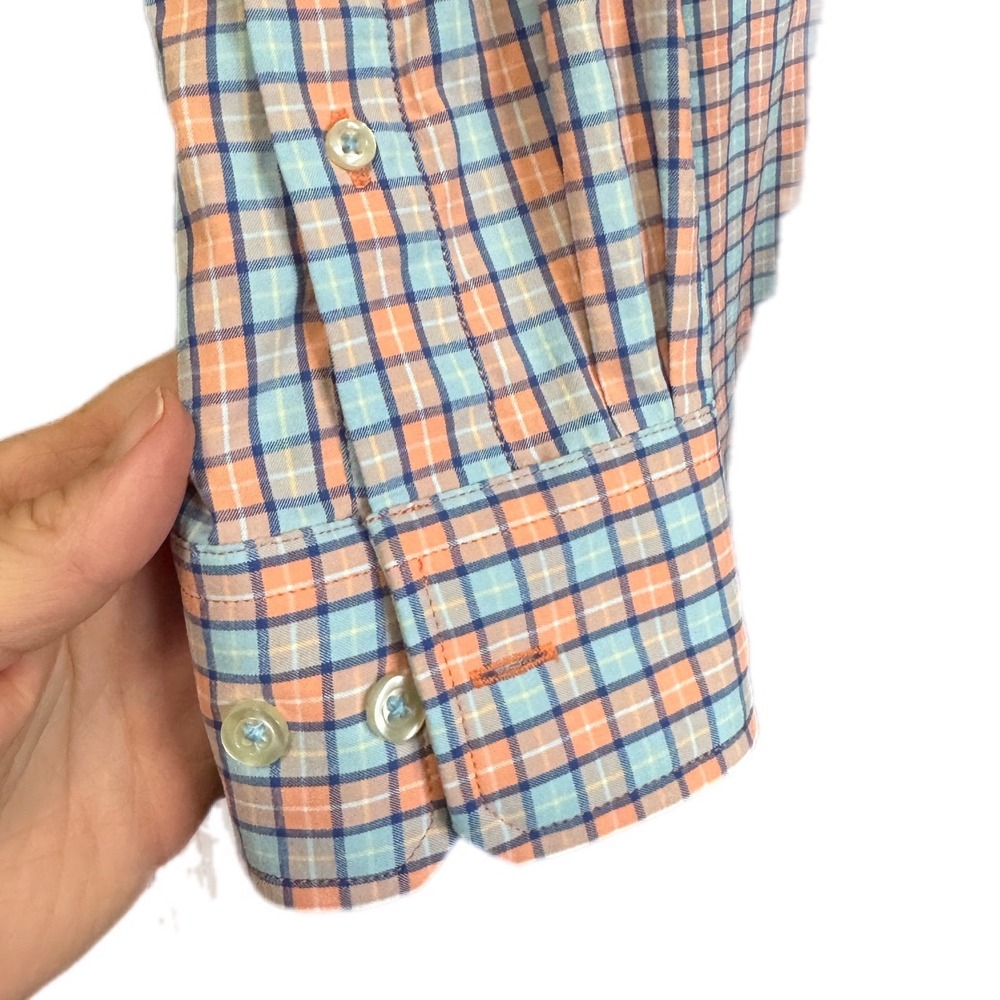 Southern Tide Performance Shirt Mens Large Orange Blue Plaid Excellent Skipjack - Picture 2 of 8